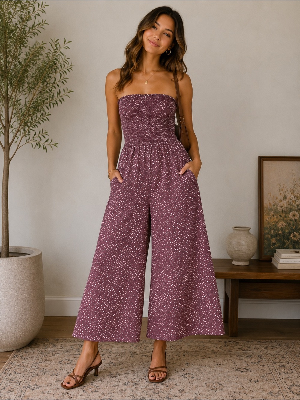 Smocked Strapless Wide-Leg Jumpsuit in Plum Speckle